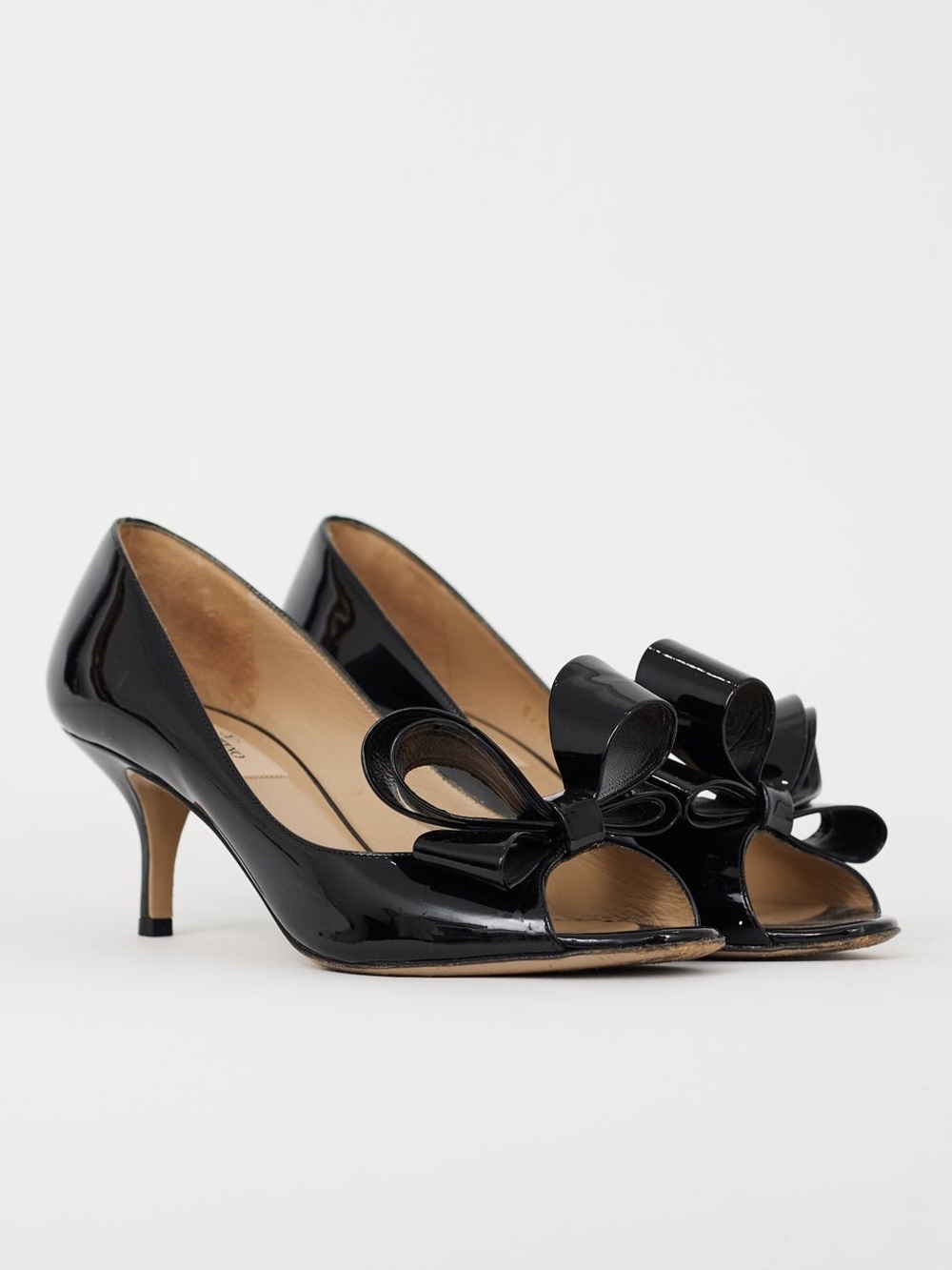 Valentino Black Patent Leather Peep-Toe Heels with Bow Detail 37